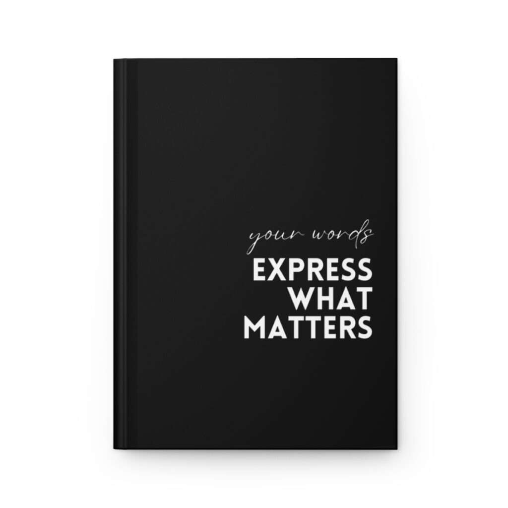Black book cover with the title "express what matters" in white, handwritten style font, conveying introspection and personal reflection by iziiexpressions.com
